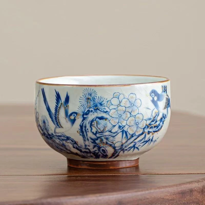 汝窑喜上眉梢茶杯铜钱陶瓷主人杯高颜值高档复古家用ZH2239