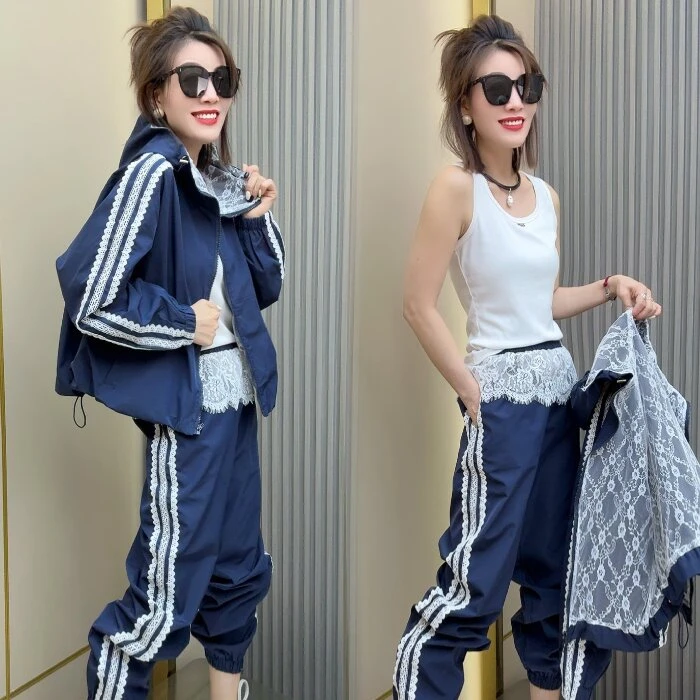 蕾丝花边拼接休闲夹克两件套