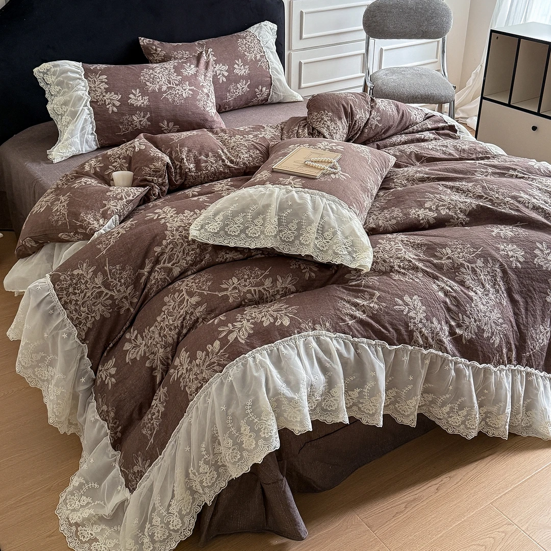 法式复古双层蕾丝花边亚麻皱邹纱四件套法式田园碎花床上用品床单