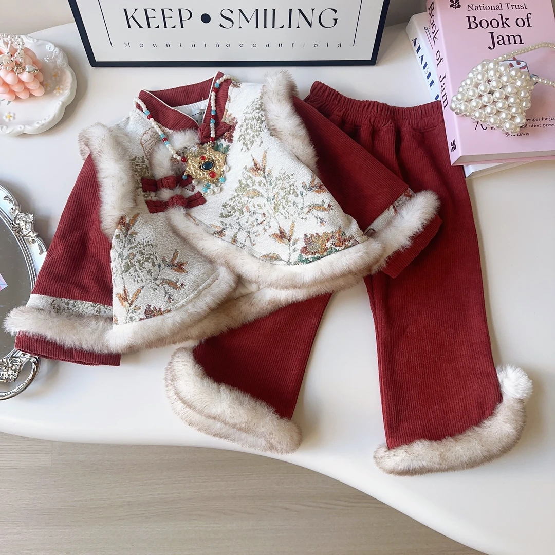 女童国风套装拜年服冬季新款小童女宝宝洋气两件套新年AWA867