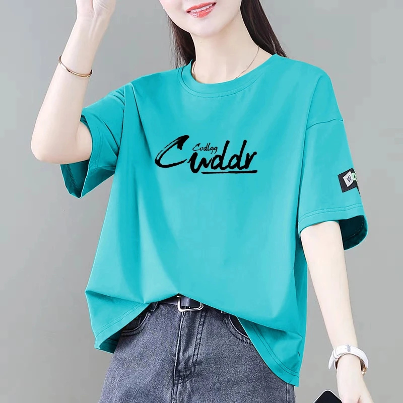 100%纯棉短袖t恤女夏季休闲新款韩版宽松遮肚减龄洋气显瘦上衣女