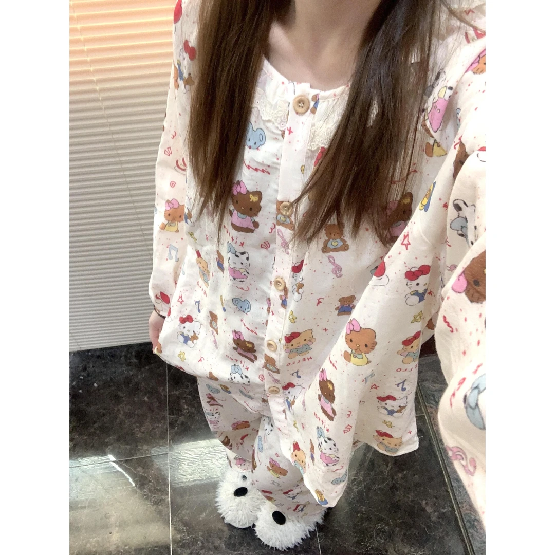 可爱少女黑皮kt猫睡衣女春秋季2025新款长袖长裤家居服套装可外穿