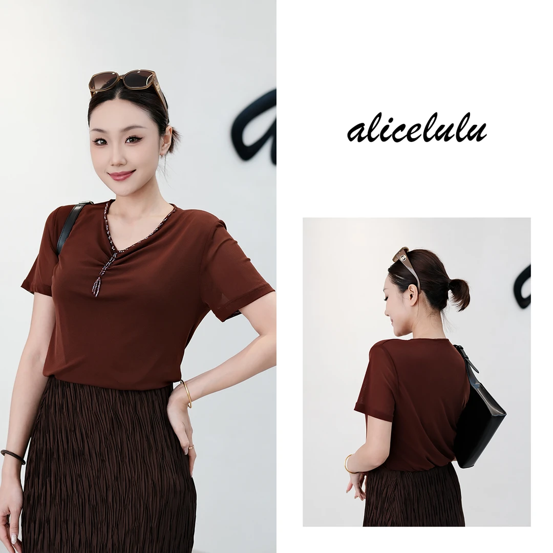 5 ALICE“浪漫邂逅”T恤 精致钉珠 优雅显瘦 S2142150T