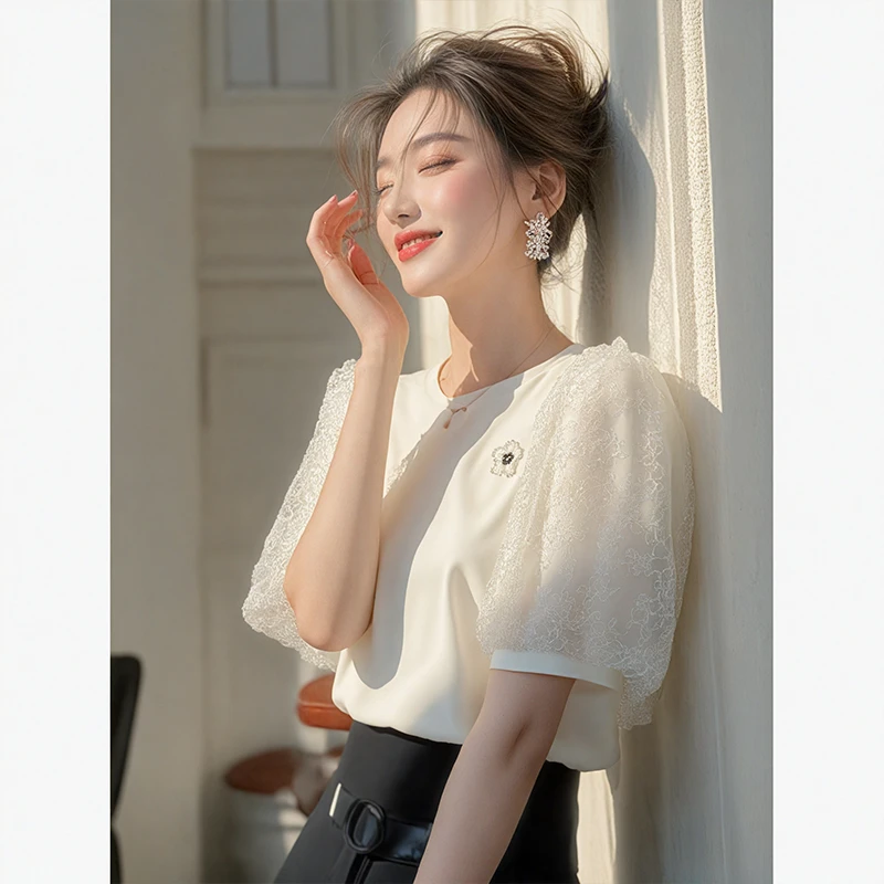 JY#圆领灯笼袖简约衬衫女2025夏季套头淑女短袖百搭上衣DY3691