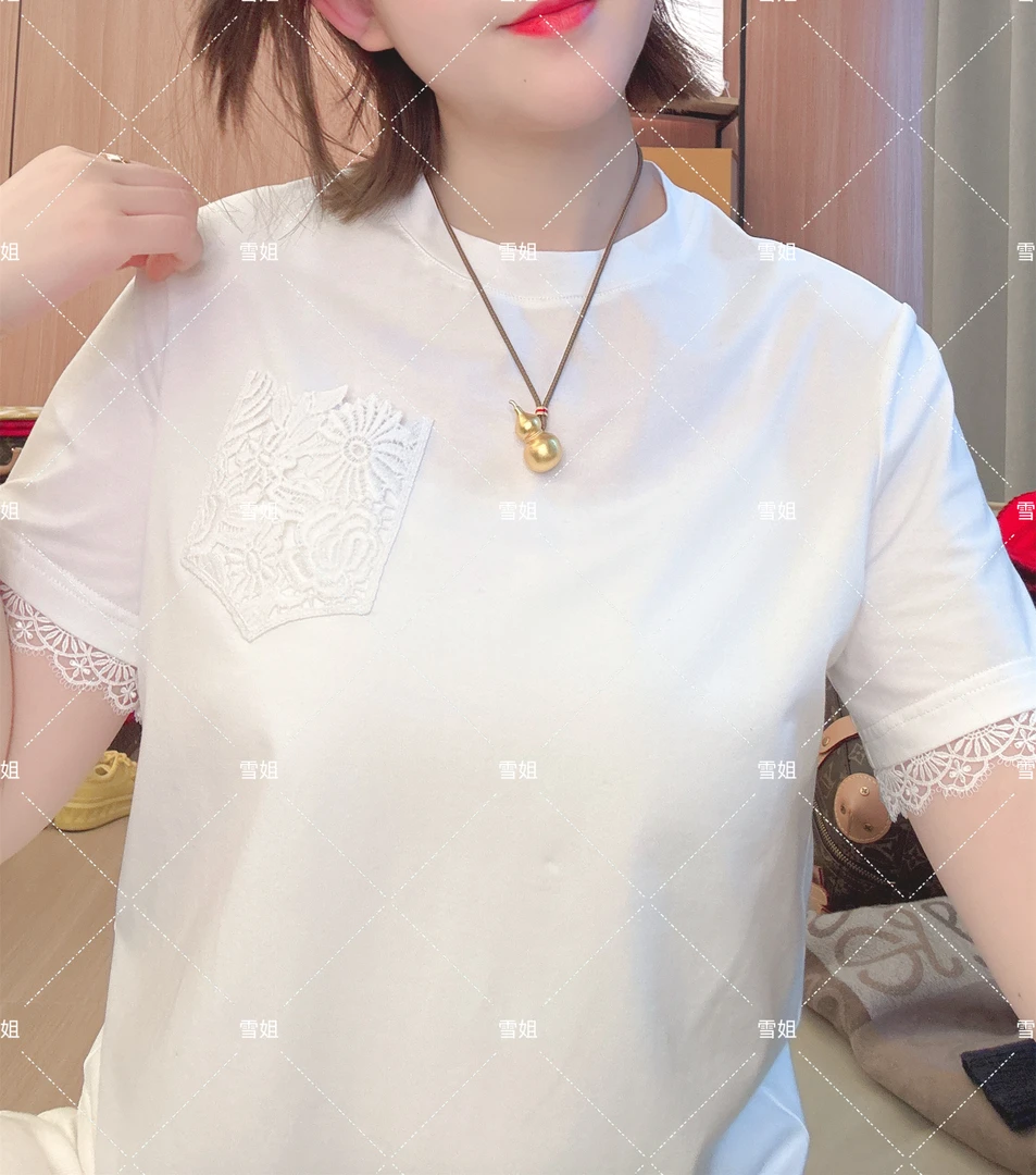 雪姐服饰「口袋蕾丝T」圆领简约袖口蕾丝短袖时尚显瘦百搭上衣T恤