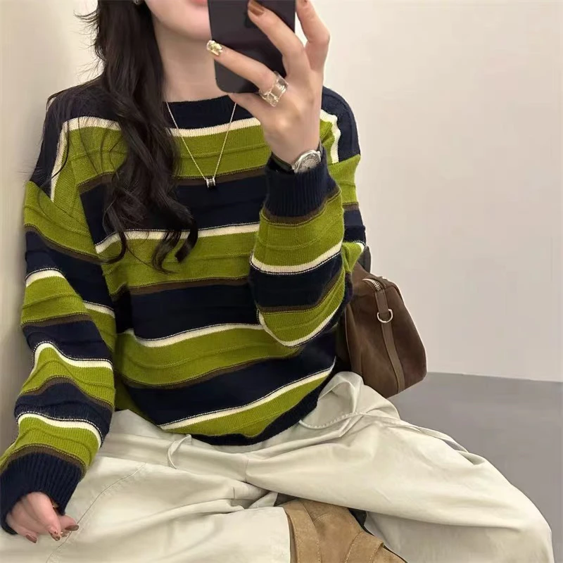 长袖女针织条纹圆领保暖毛针织衫慵懒风秋季针织衫