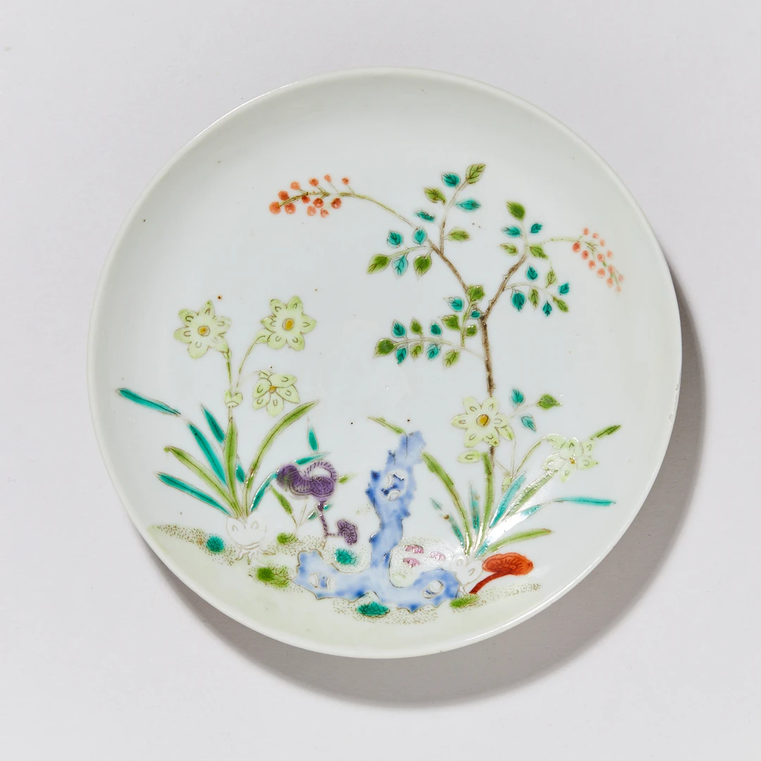 3337清道光粉彩双青图盘【古董拍卖】