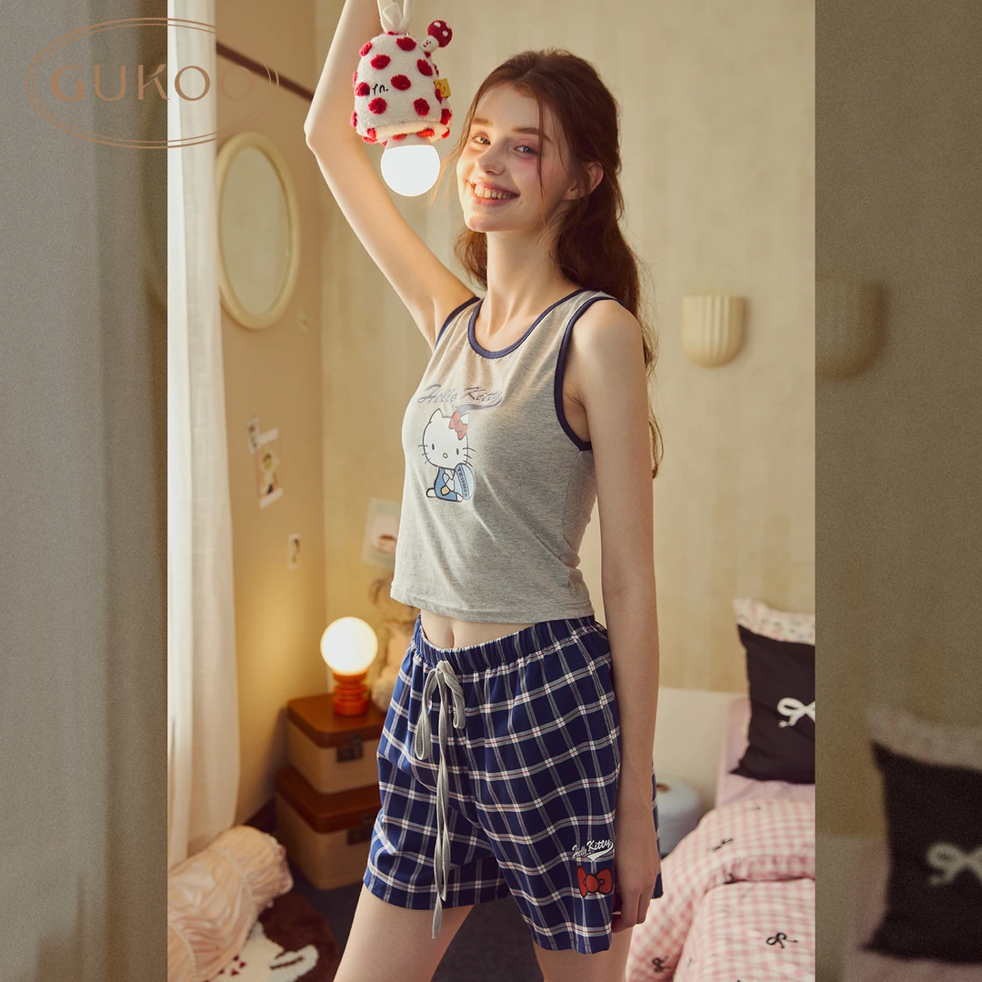 【Gukoo果壳】HelloKitty睡衣纯棉格子宽松夏女士背心套装带胸垫