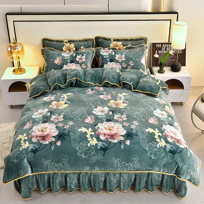 冬季加厚8斤高克重牛奶绒双面绒保暖四件套床裙款贴身防滑防静电