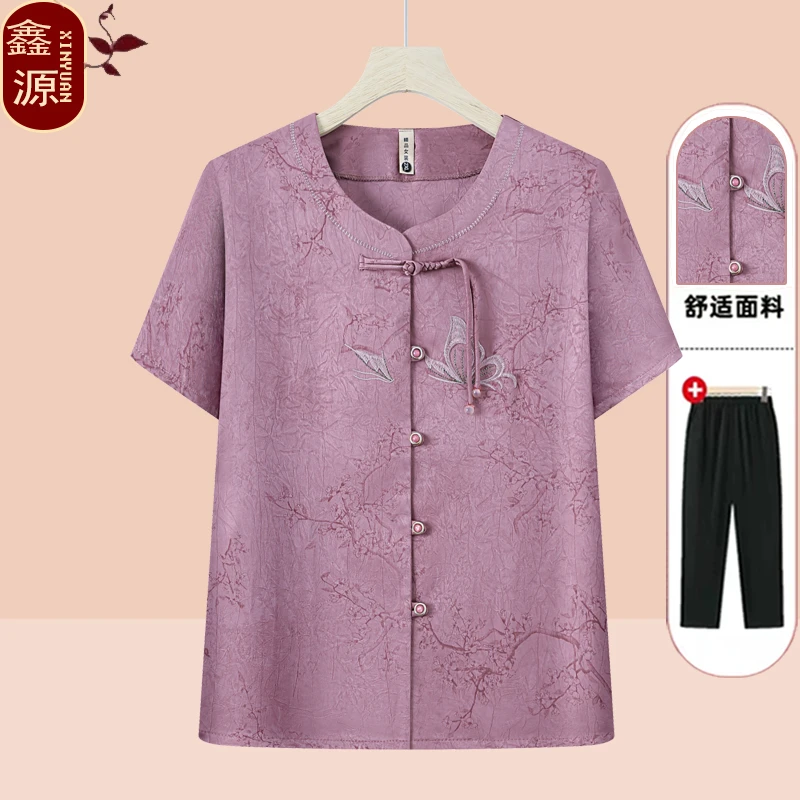 妈妈夏装短袖衬衫2025新款中老年人女装刺绣上衣奶奶装夏季衣服