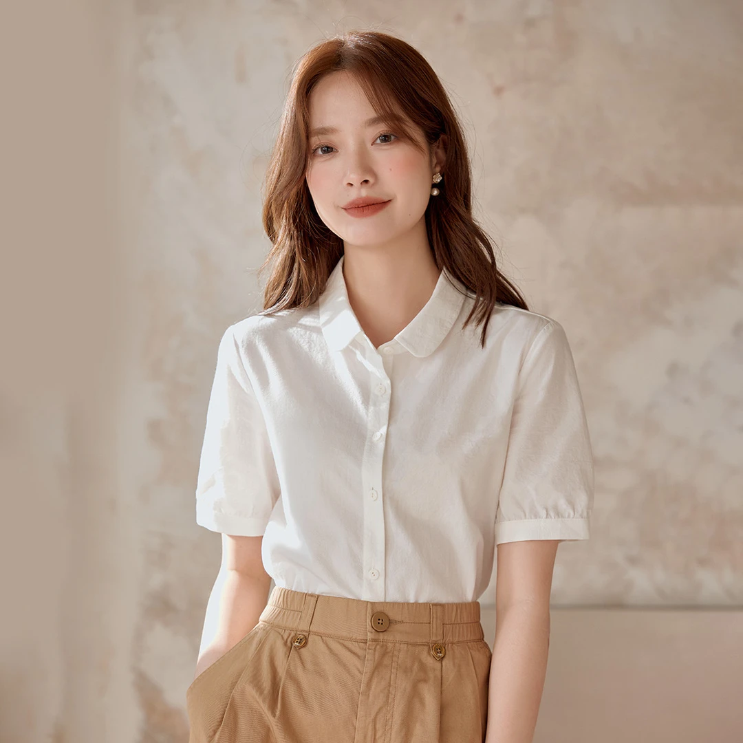 【618抢先购】茵曼夏季职业通勤纯棉白衬衫百搭舒适泡泡袖休闲衬衣