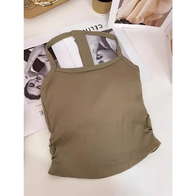 卡其色工字挂脖吊带背心女春秋款打底无袖修身带胸垫内搭上衣外穿