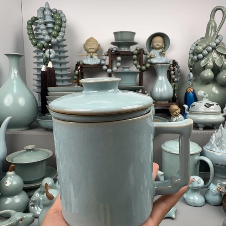 江***荣摆件汝瓷办公杯圈足烧天青釉三件套