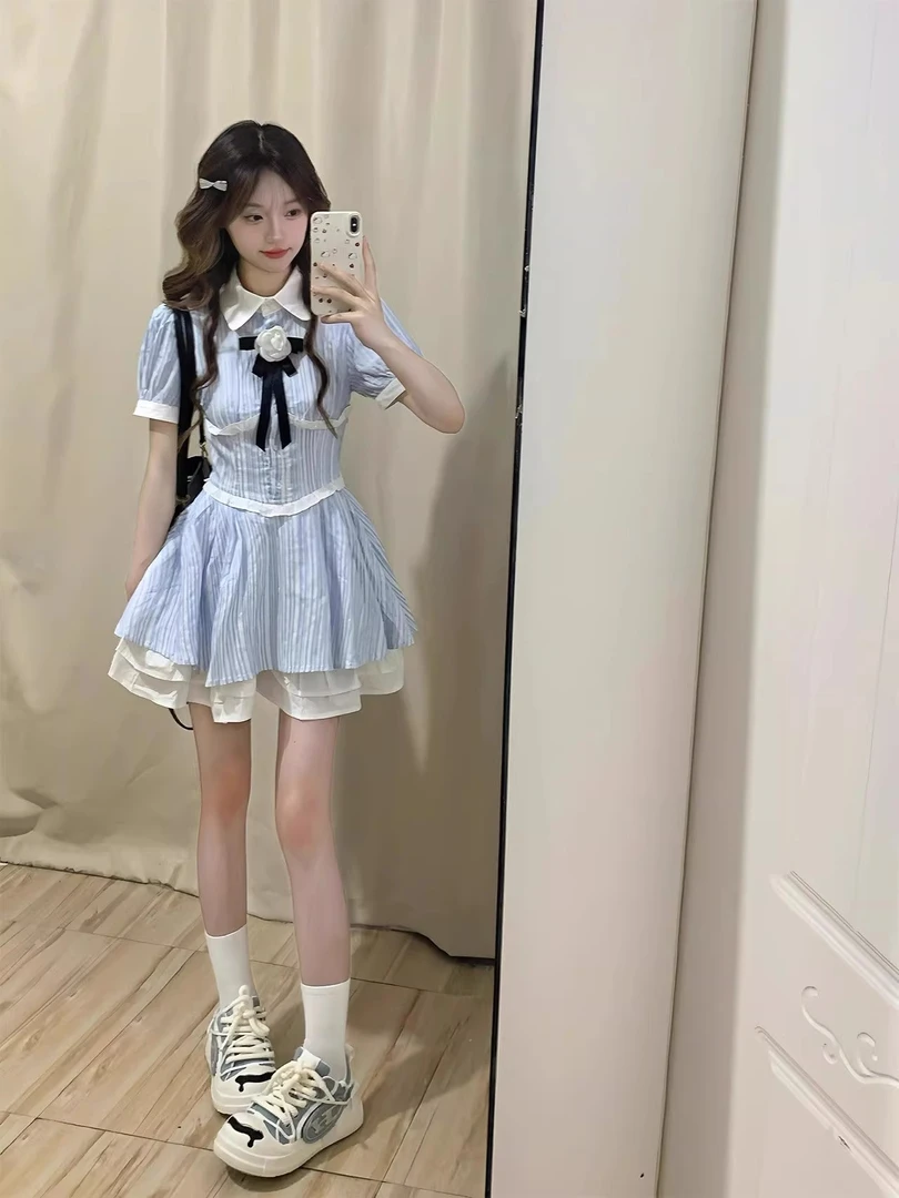 学院风小个子连衣裙夏季新款法式初恋少女公主裙收腰蛋糕小裙子