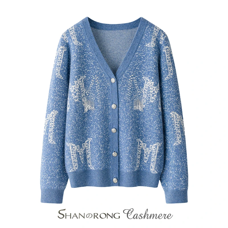 蓝屿星空100%纯山羊绒高定提花重工烫钻钉珠流苏轻奢羊绒开衫双11