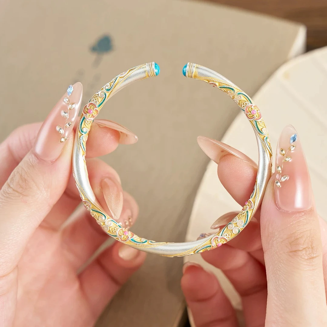 足银银制品 足银珐琅彩手镯999.9纯银描金四叶花如意银手镯国风女