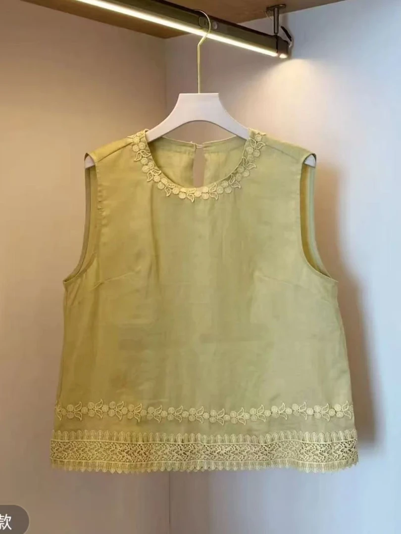 012夏季新款刺绣花边圆领无袖衬衫女宽松显瘦百搭中国风上衣