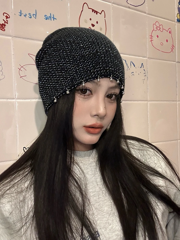 韩系复古钉珠针织包头帽女秋冬百搭时尚冷帽小众显脸小毛线帽子