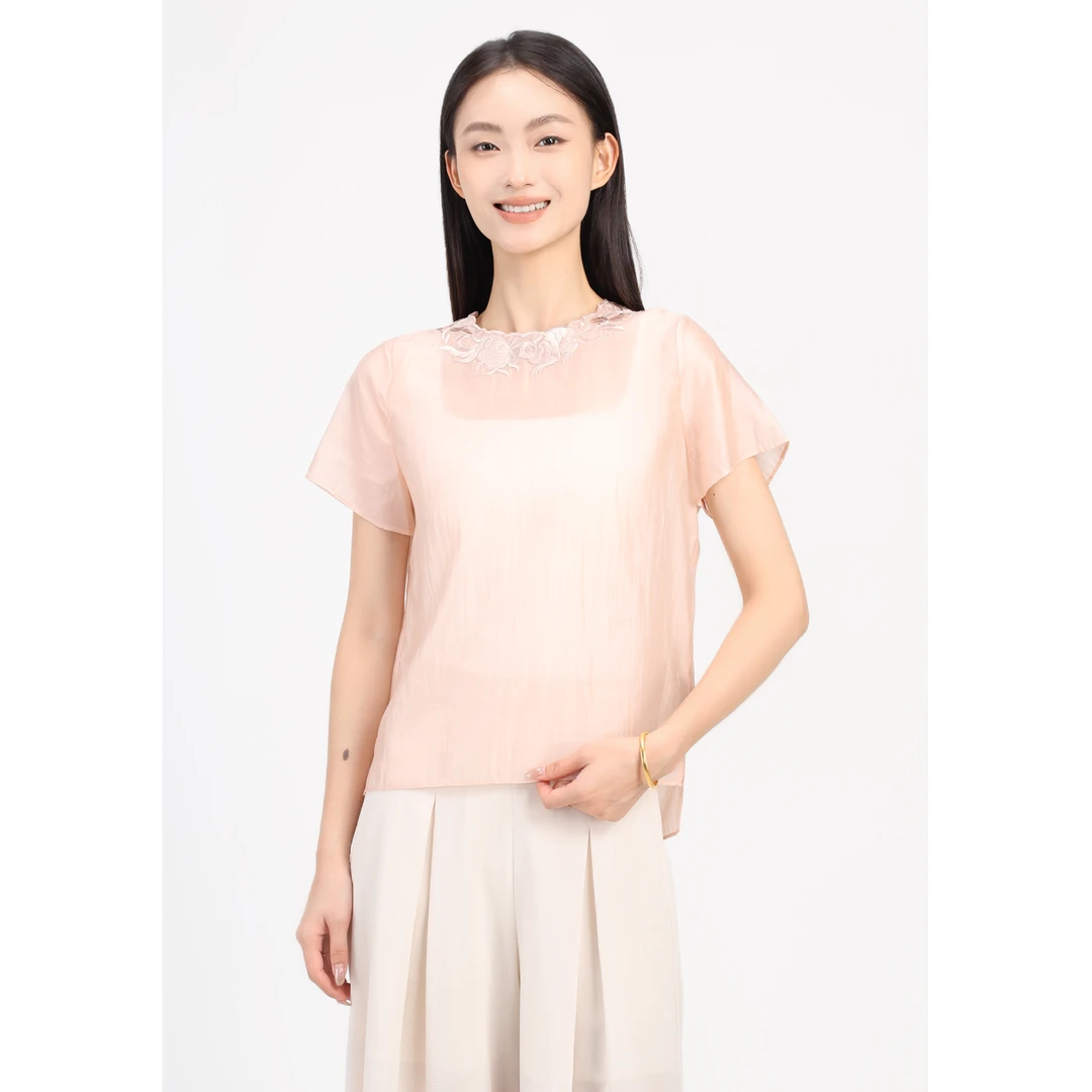 矝羽轩JINYU矜羽【风雅来客-印月】新中式刺绣三色短袖衬衫宽松夏季