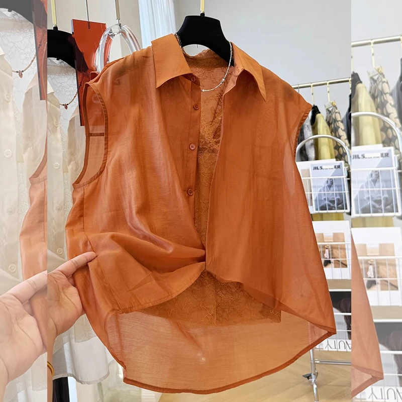 女士复古蕾丝刺绣大码宽松无袖两件套衬衫女坎肩显瘦镂空夏季上衣