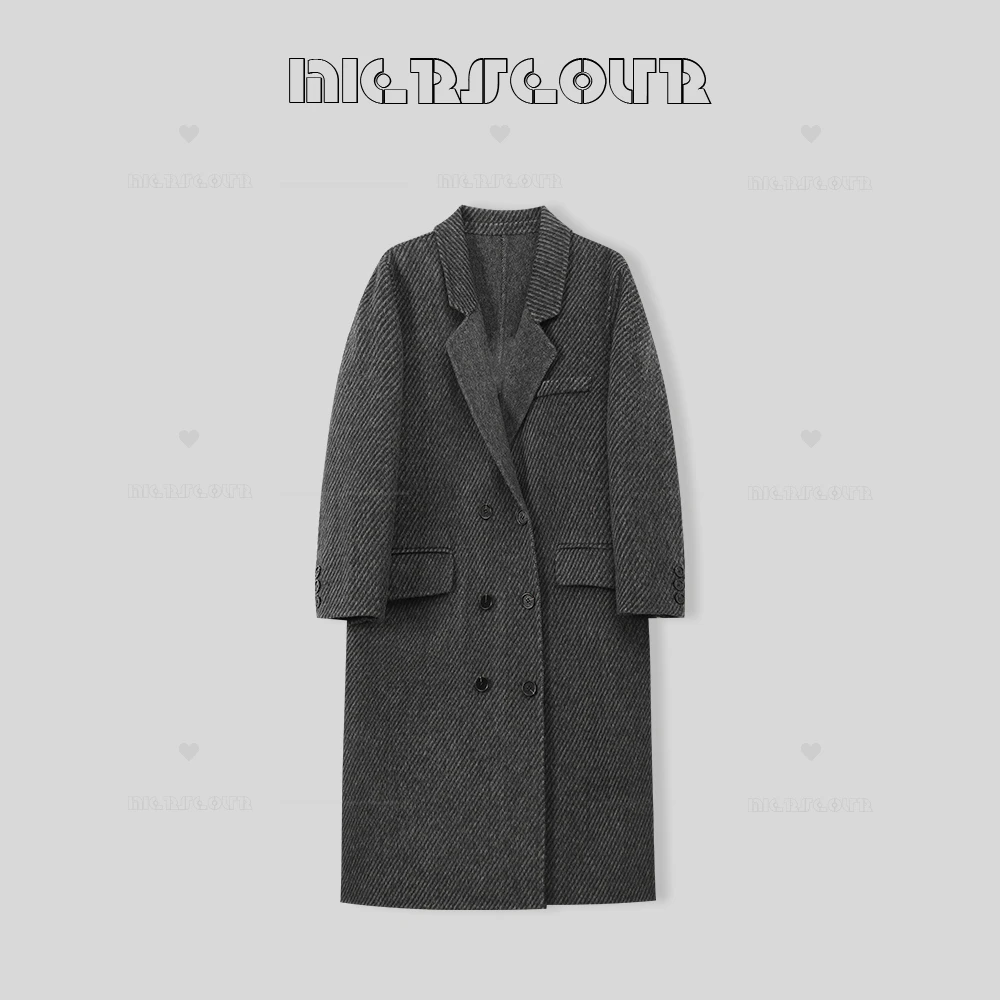 冬季新款简约暗纹翻领长款大衣580037