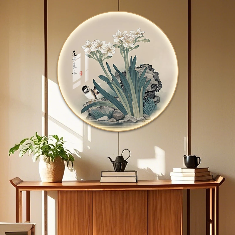 新中式玄关装饰画花鸟圆形挂画沙发背景墙客厅餐厅茶室国风墙画