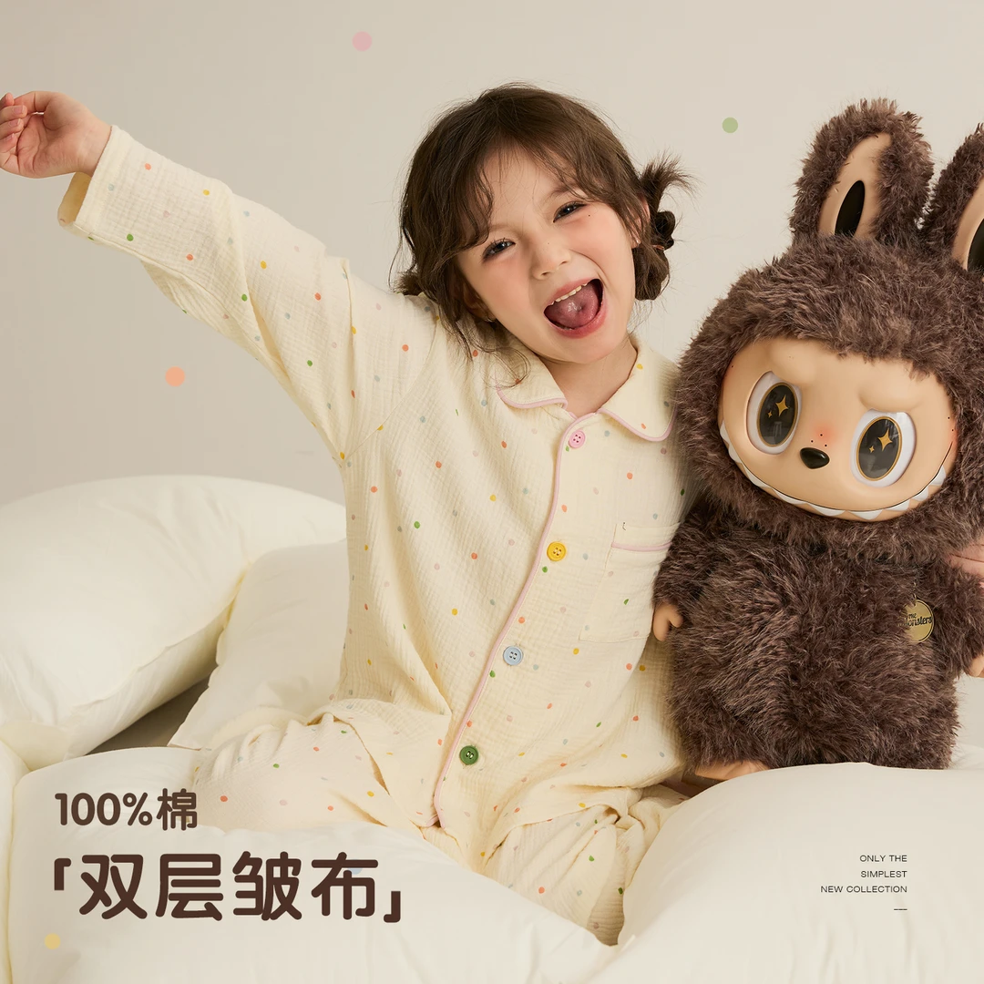 新品【皱皱纱】100棉双层皱布撞色波点宽松舒适家居服套装 8513D