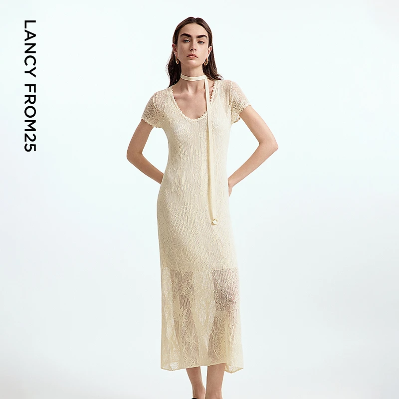 【漾25系列】朗姿镂空提花度假风针织白色连衣裙2025年夏季新款裙