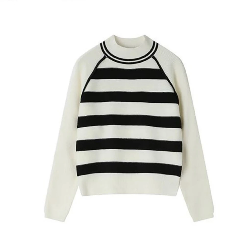 玲姐定制-半高领条纹撞色拼接上衣插肩袖针织毛衣555516