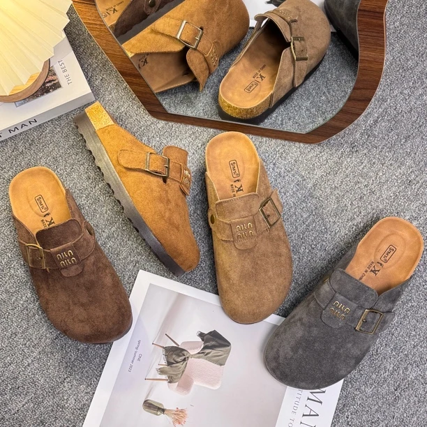 厚底勃肯鞋女包头半拖鞋外穿2025春秋新款小字母单鞋一脚蹬懒人鞋