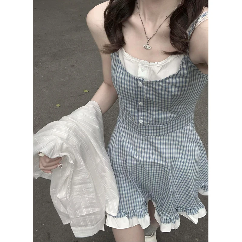 法式设计感假两件格纹吊带连衣裙女夏季新款减龄甜美收腰显瘦短裙