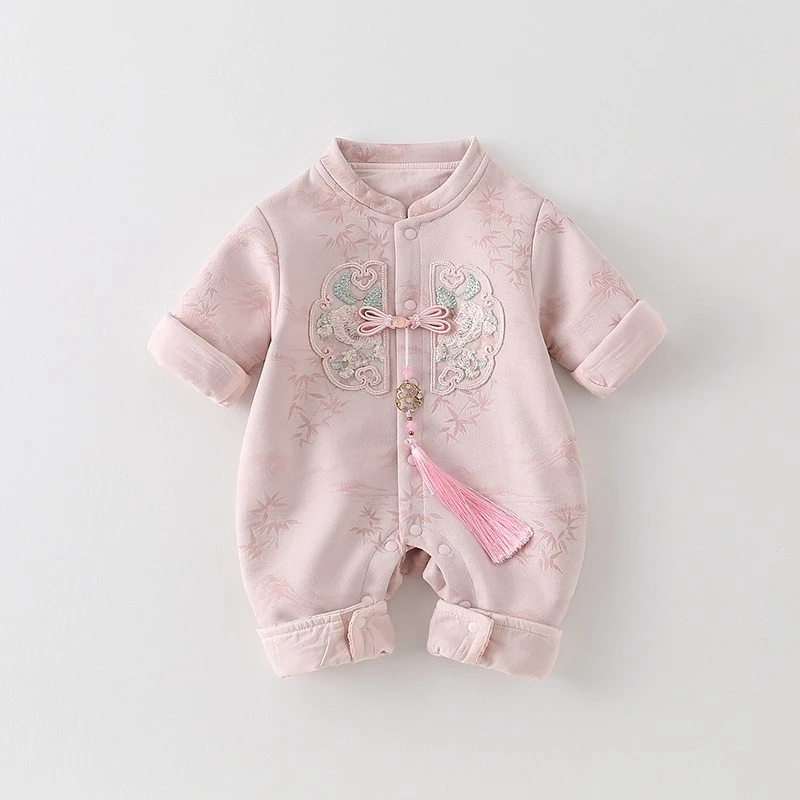 婴儿国风连体衣春秋新款满月百天宝宝礼服哈衣周岁宴新中式外出服