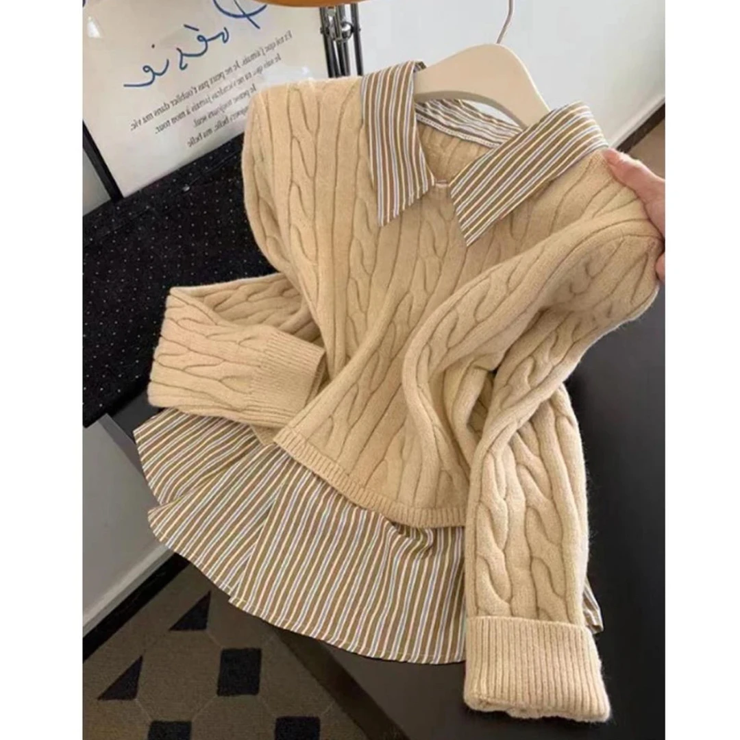 韩系慵懒风条纹拼接假两件针织衫女秋冬软糯宽松叠穿毛衣上衣