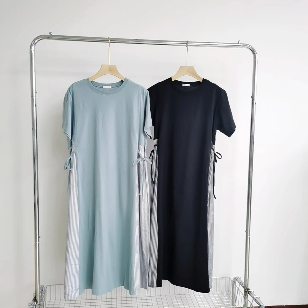 M133 圆领两色拼接A字版棉质大版连衣裙