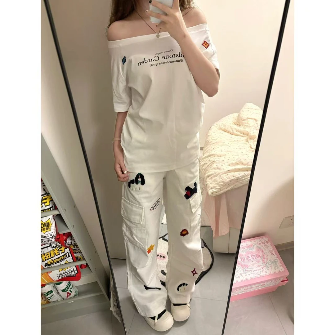 美式复古阔腿工装裤女秋季刺绣小狗小众设计感高腰宽松直筒长裤子