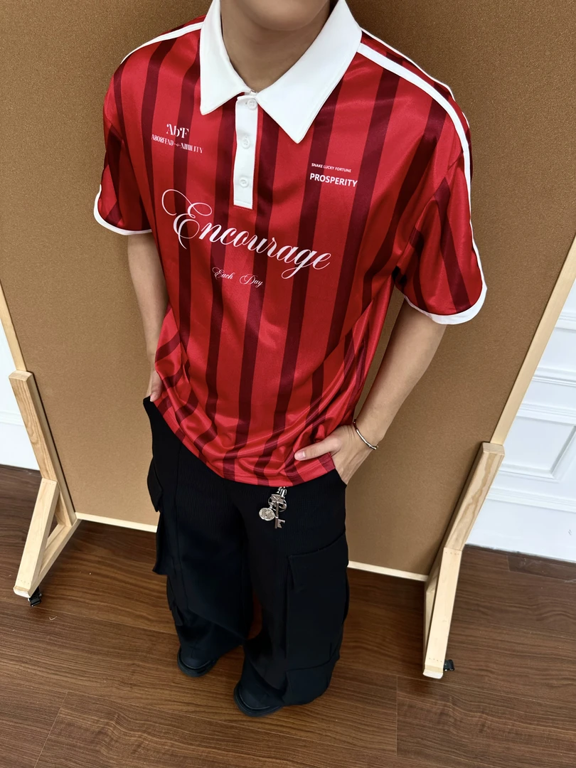 BeOurRule 复古Blokecore条纹徽章polo领球衣短袖运动风T恤男女夏