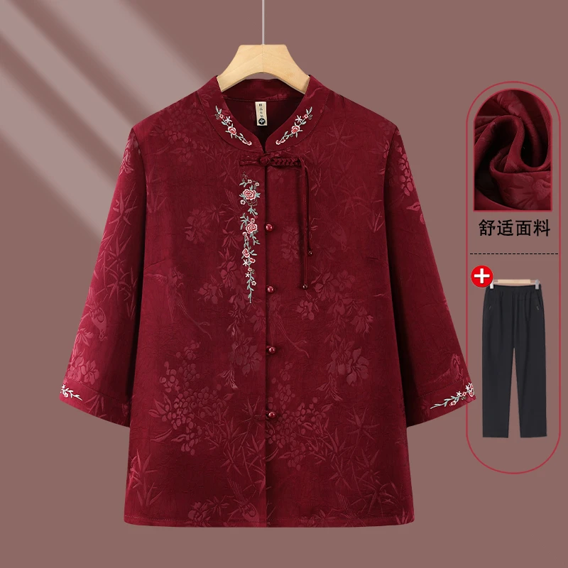 妈妈新款中袖小衫上衣2025夏季中老年洋气新中式洋气国风大码小衫