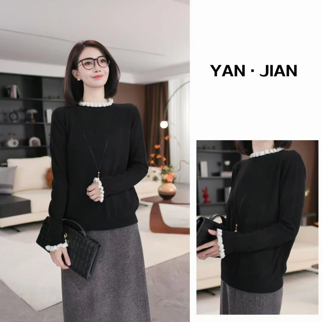 YAN JIAN【巴黎午茶】100%绵羊毛领口花边设计优雅百搭针织毛衣