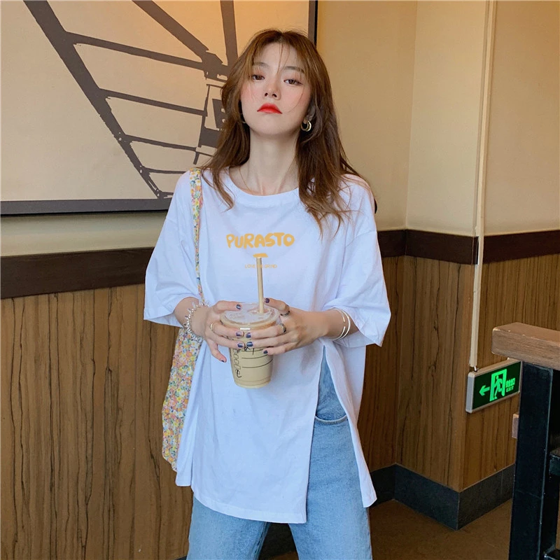 2025夏季新款宽松版型开叉中长款遮臀小个子短袖T恤女