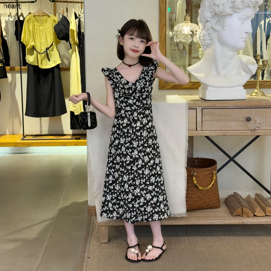 儿童裙子2025新款洋气女童夏季高级感长款碎花连衣裙女大童夏装潮
