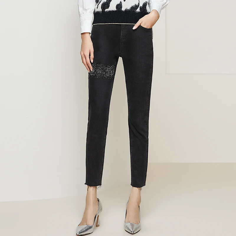 茜舞牛仔裤女棉2025新款蕾丝镶钻拼接【715009】