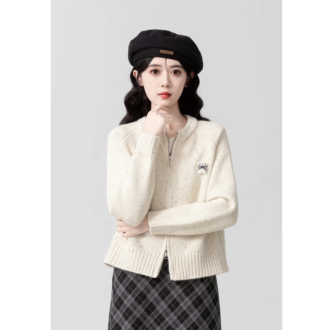 杏色双拉链毛衣外套女2025秋冬新款复古圆领针织开衫小个子短上衣