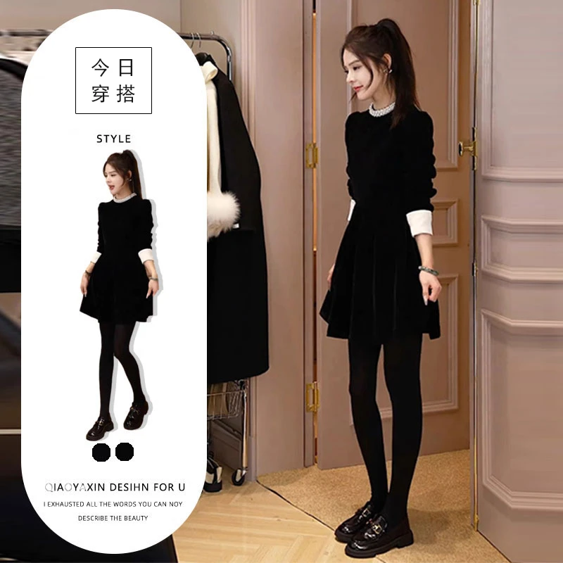黑色赫本风短款连衣裙秋装2025年秋冬新款轻奢气质高级感裙子女装