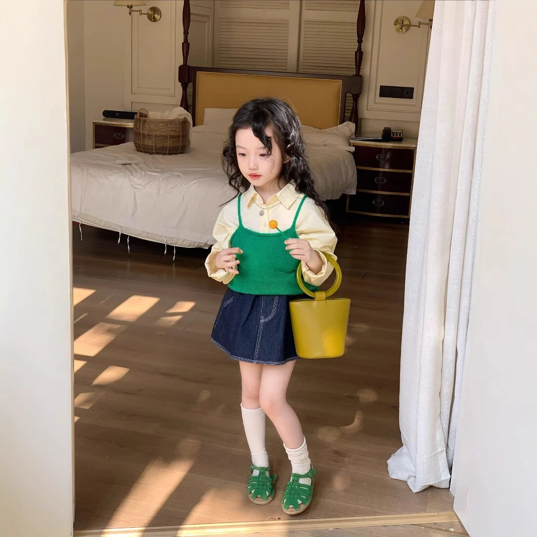 大橙子Studio女童针织吊带2025春夏季新款洋气背心牛仔短裙套装