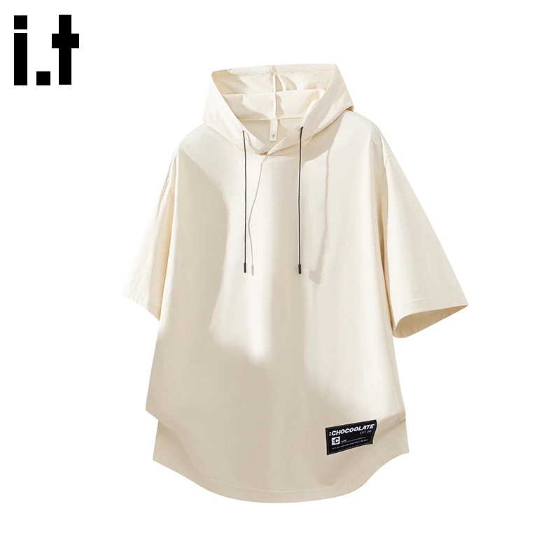 it:CHOCOOLATE连帽短袖上衣男夏季薄款百搭宽松休闲半袖帽衫T恤男
