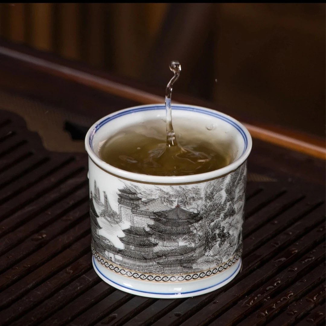 景德镇手工手作釉下彩墨彩山水亭台楼阁陶瓷茶具主人杯（大号）