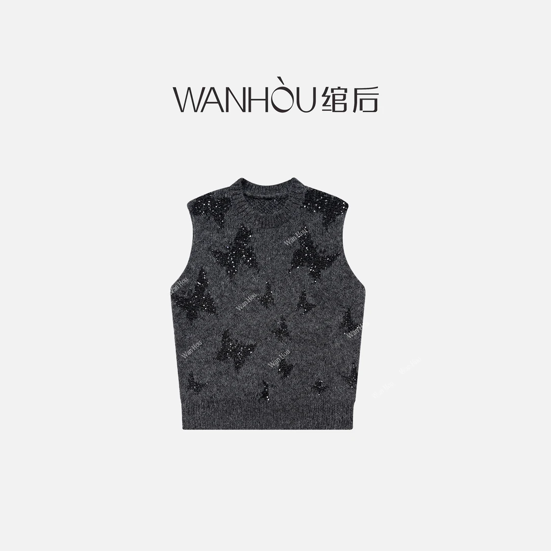 【C3517】#绾后-秋季新款百搭亮片圆领钩花刺绣针织衫背心上衣SC