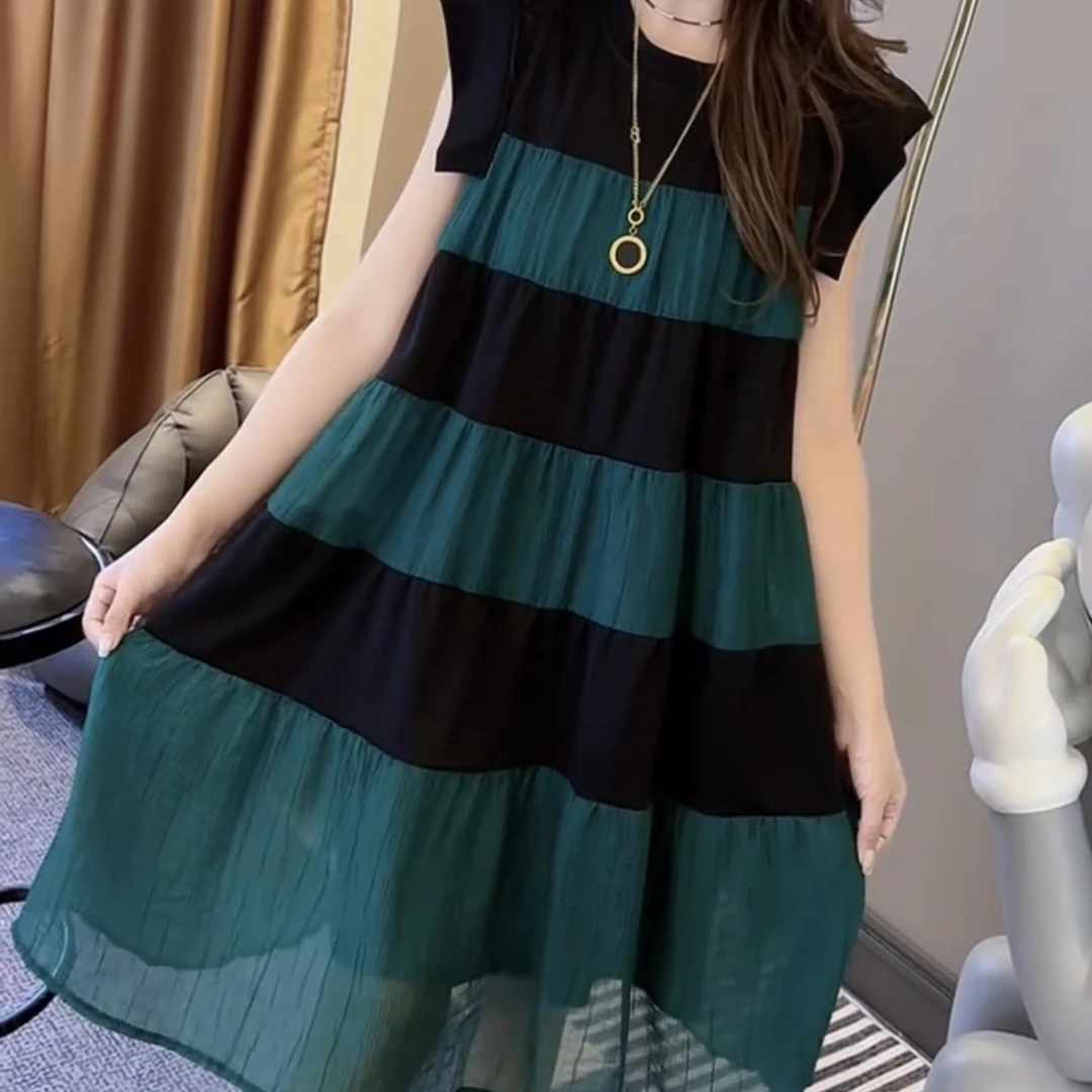 新款无袖宽松显瘦条纹拼色中长夏季连衣裙