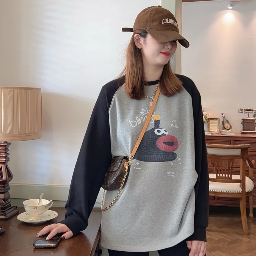 【异形幻想】2024加绒欧货显瘦新款时尚宽松圆领印花休闲百搭长袖T