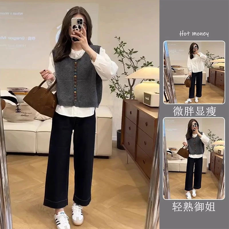 春秋小个子梨型身材穿搭套装韩系慵懒极简风复古马甲衬衫三件套女